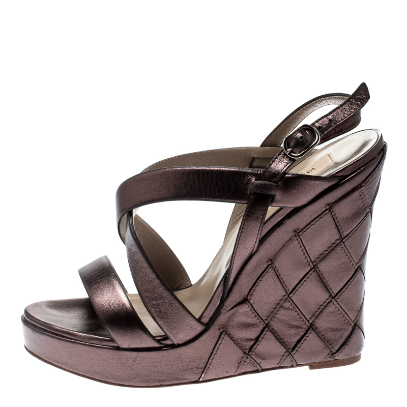 

Valentino Metallic Grey Leather Cross Strap Wedge Sandals Size