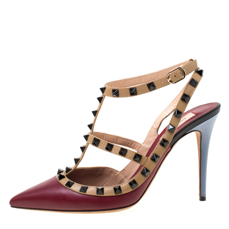 

Valentino Tricolor Leather Rockstud Ankle Strap Cage Sandals Size, Red