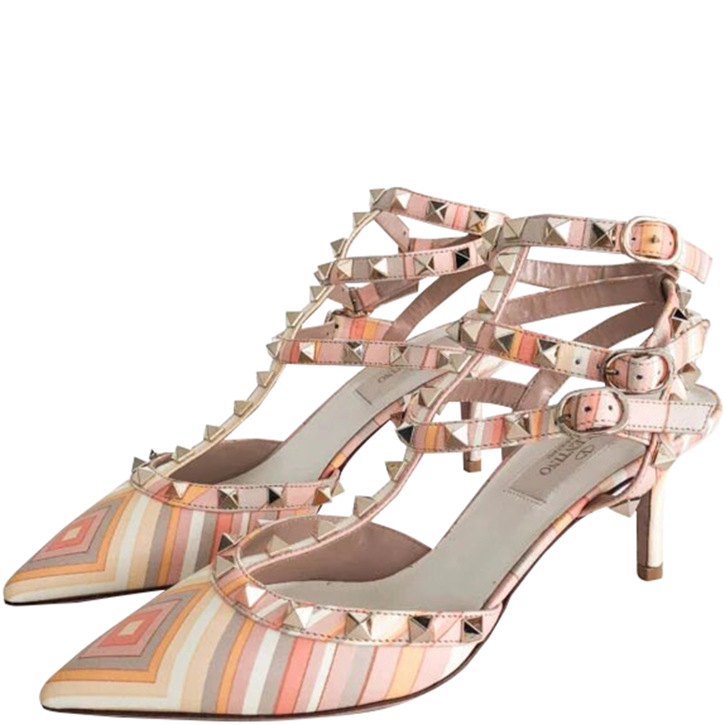 

Valentino Native Couture 1975 Print Leather Rockstud Ankle Strap Sandals Size, Multicolor