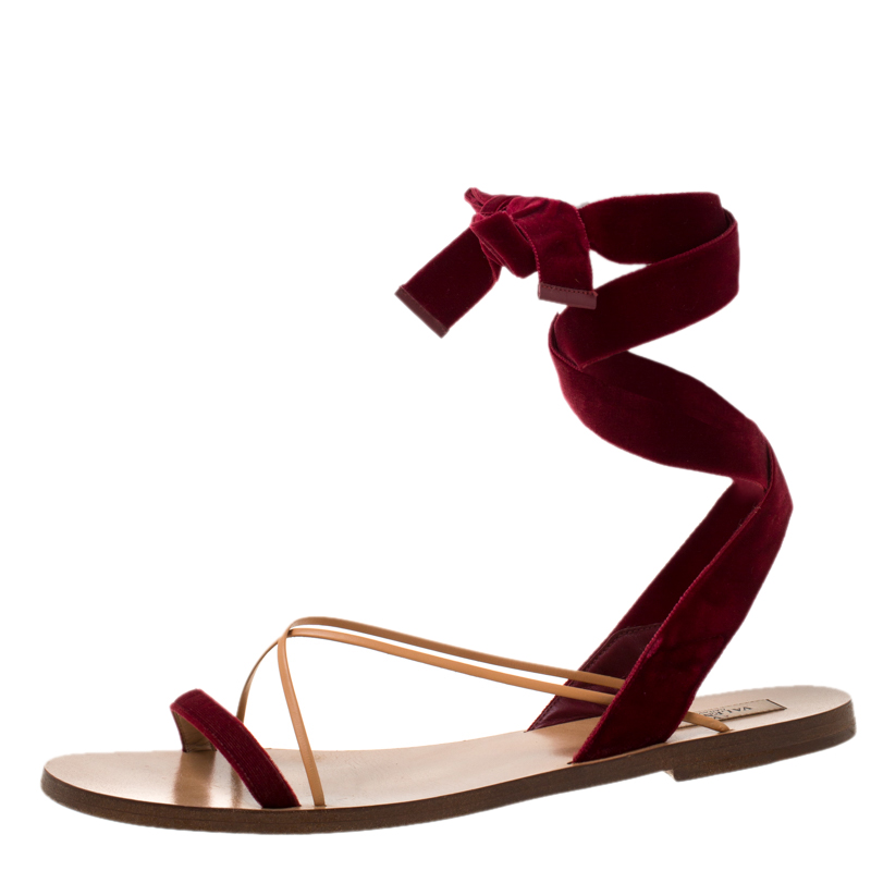Pre Owned Valentino Maroon Velvet and Leather Open Toe Flat Ankle Wrap Sandals Size 40