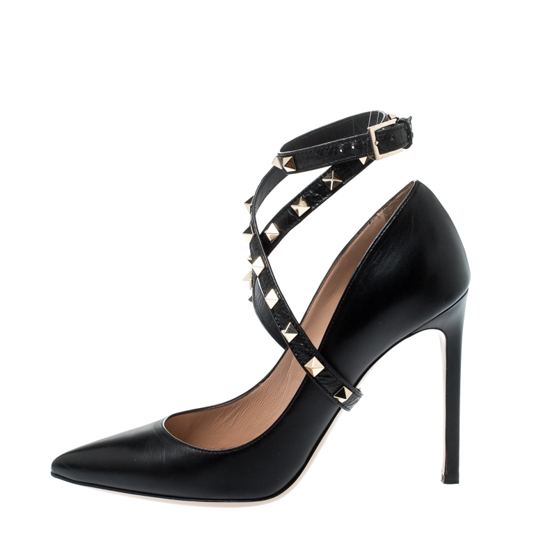 

Valentino Black Leather Rockstud Trim Ankle Wrap Pointed Toe Pumps Size
