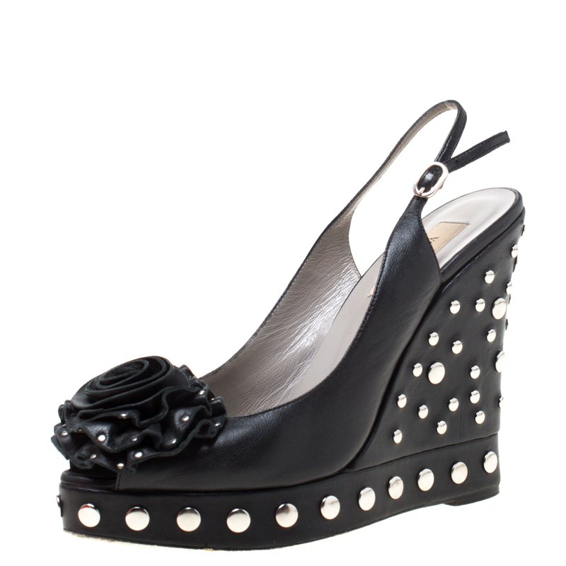 Pre Owned Valentino Black Leather Rose Appliquè Studded Wedge Slingback Sandals Size 38