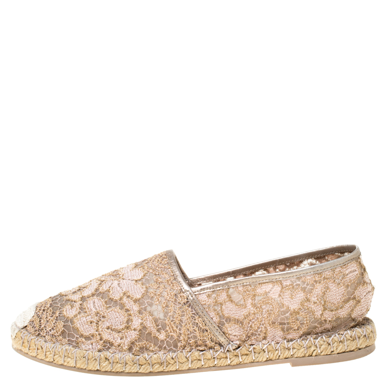 

Valentino Metallic Pink Lace Espadrille Flats Size