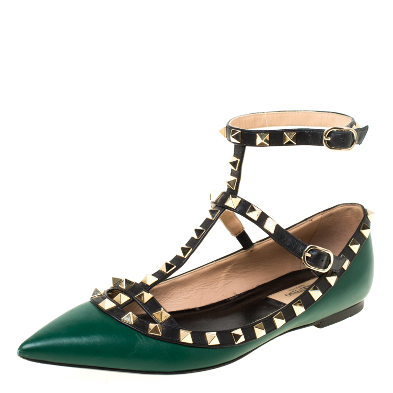 Pre Owned Valentino Green Leather Rockstud Ballet Flats Size 37