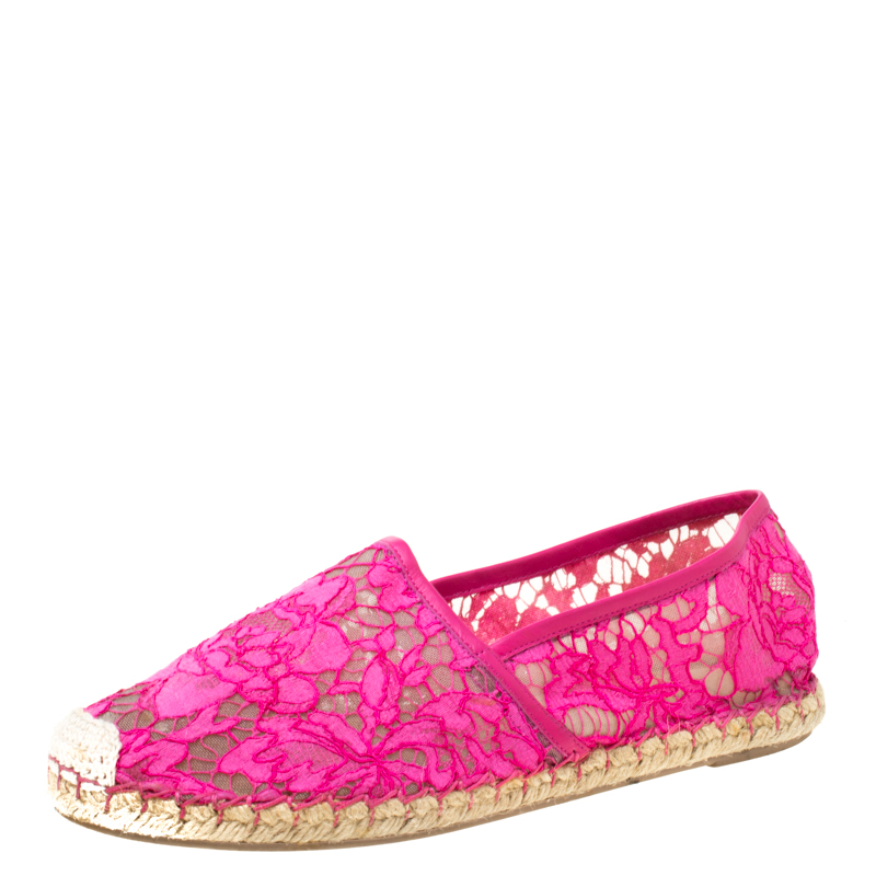Pre Owned Valentino Pink Lace Espadrille Flats Size 40