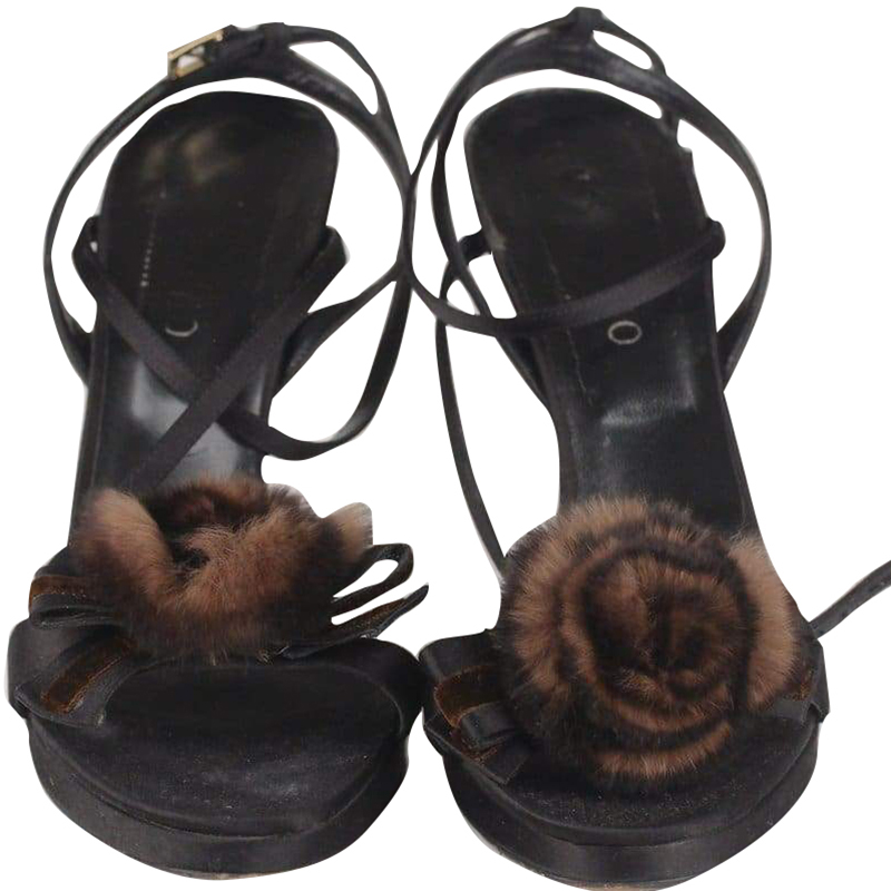 

Valentino Black Satin And Fur Heeled Sandals Size