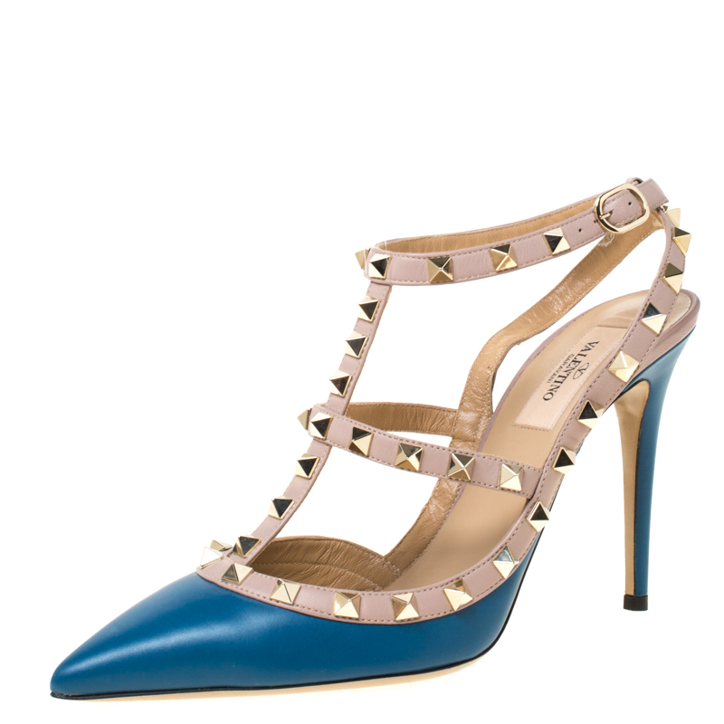 Pre Owned Valentino Blue/Beige Leather Rockstud Ankle Strap Sandals Size 39.5