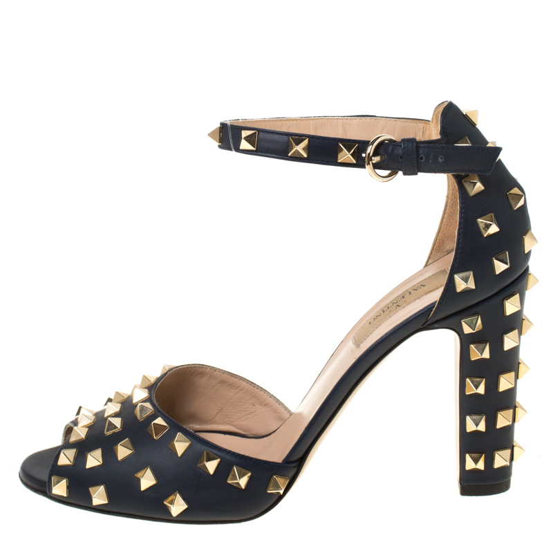 

Valentino Blue Leather Rockstud Peep Toe Ankle Strap Sandals Size