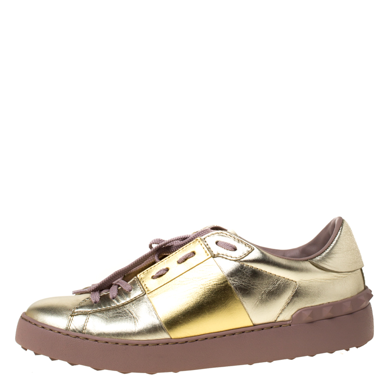 

Valentino Metallic Gold Band Leather Open Low Top Sneakers Size