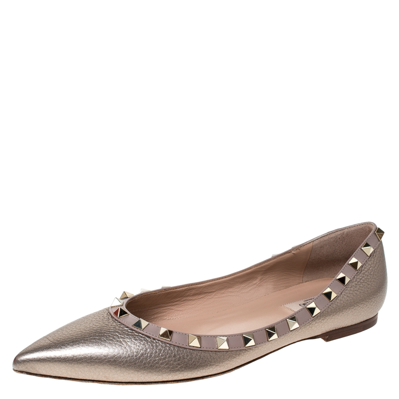 Pre Owned Valentino Bronze Leather Rockstud Ballet Flats Size 39.5