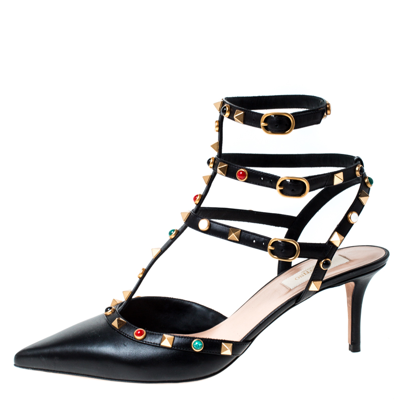 

Valentino Black Leather Studded Strappy Pointed Toe Sandals Size