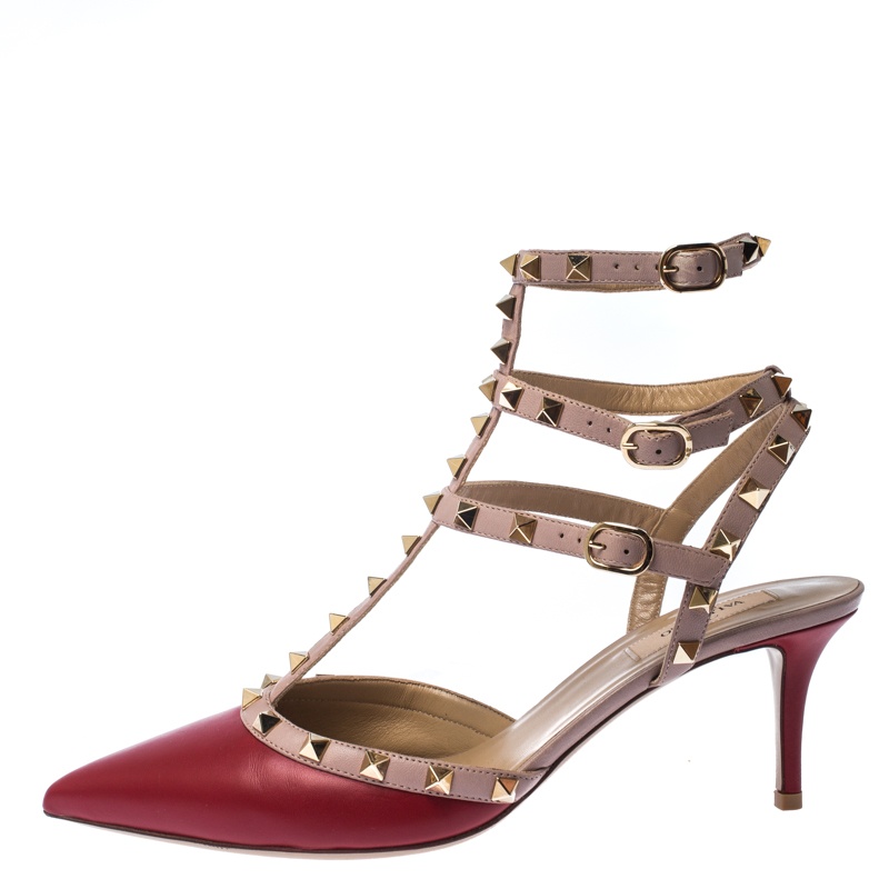 

Valentino Red/Beige Leather Studded Strappy Pointed Toe Sandals Size