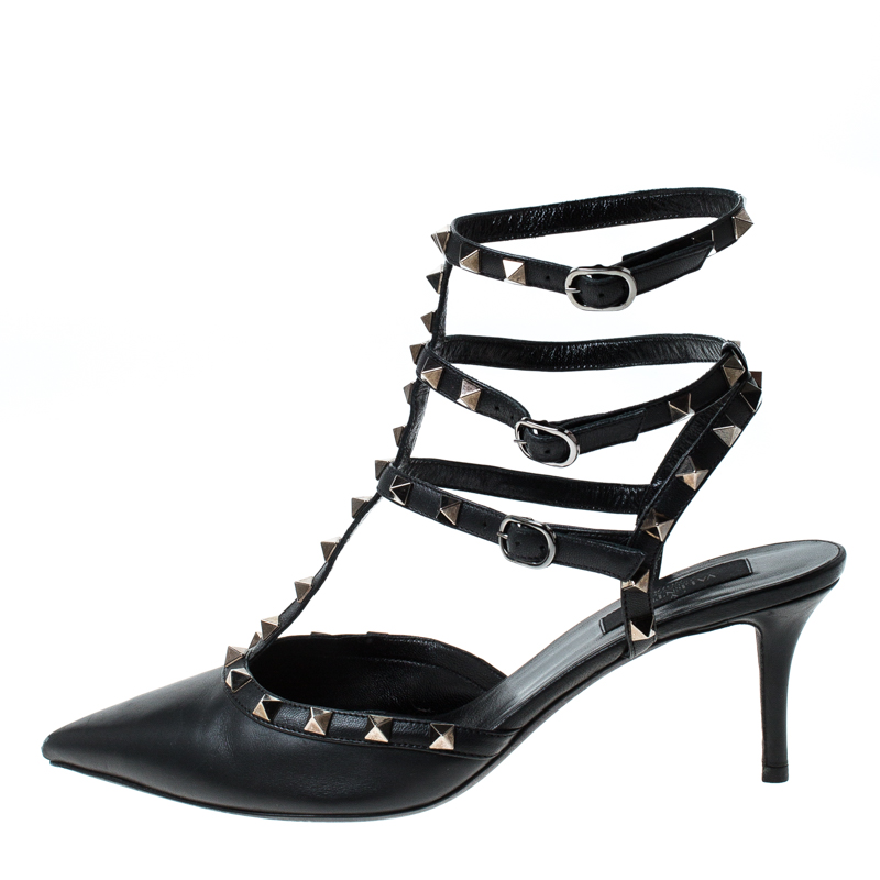 

Valentino Black Leather Studded Strappy Pointed Toe Sandals Size