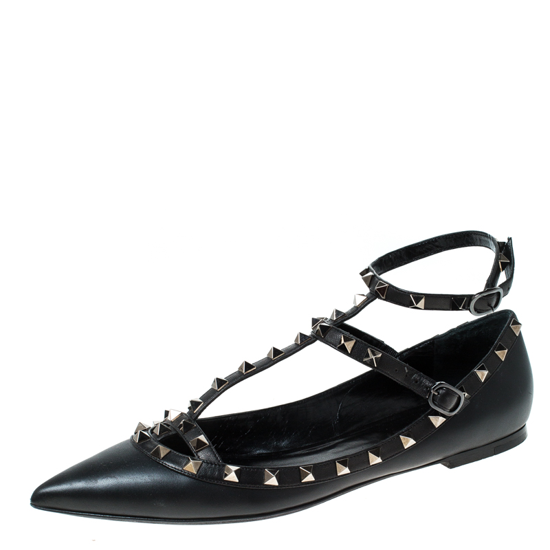Valentino Black Leather Studded Ankle Strap Pointed Toe Ballet Flats ...