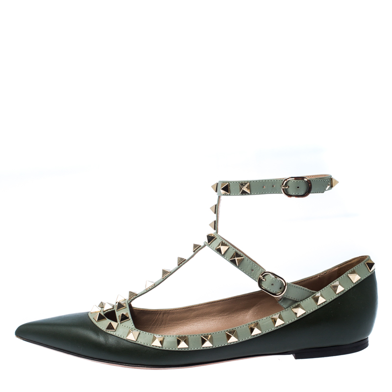 

Valentino Green Leather Studded Ankle Strap Pointed Toe Flat Sandals Size