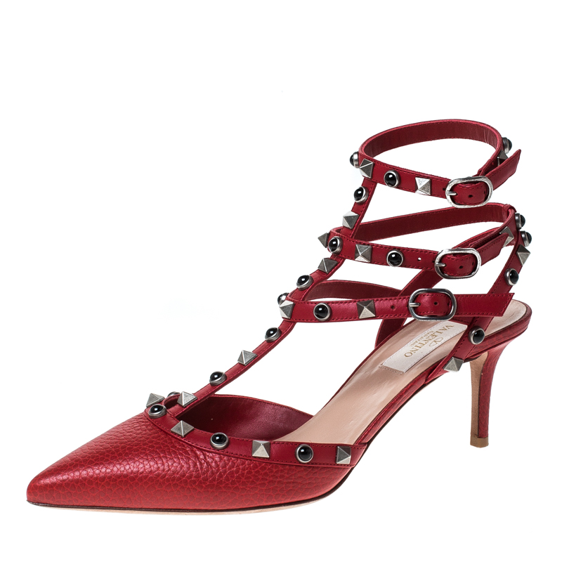 Pre Owned Valentino Red Leather Rockstud Ankle Strap Sandals Size 38