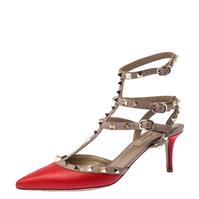 Pre Owned Valentino Red And Beige Leather Rockstud Sandals Size 38