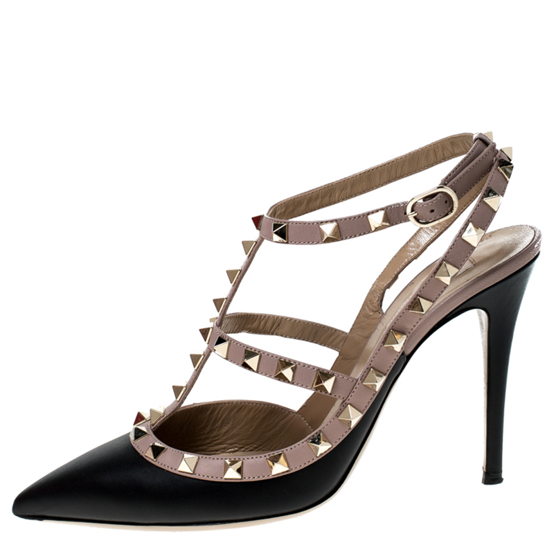 

Valentino Black/Beige Leather Rockstud Pointed Toe Sandals Size
