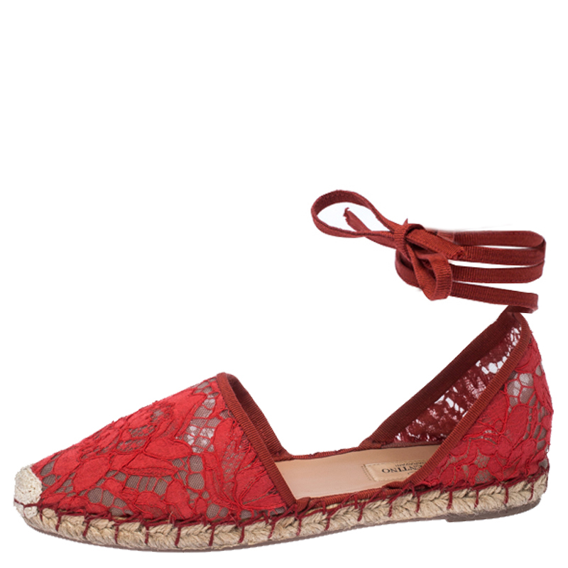 

Valentino Red Floral Lace Espadrille Ankle Wrap Flats Sandals Size