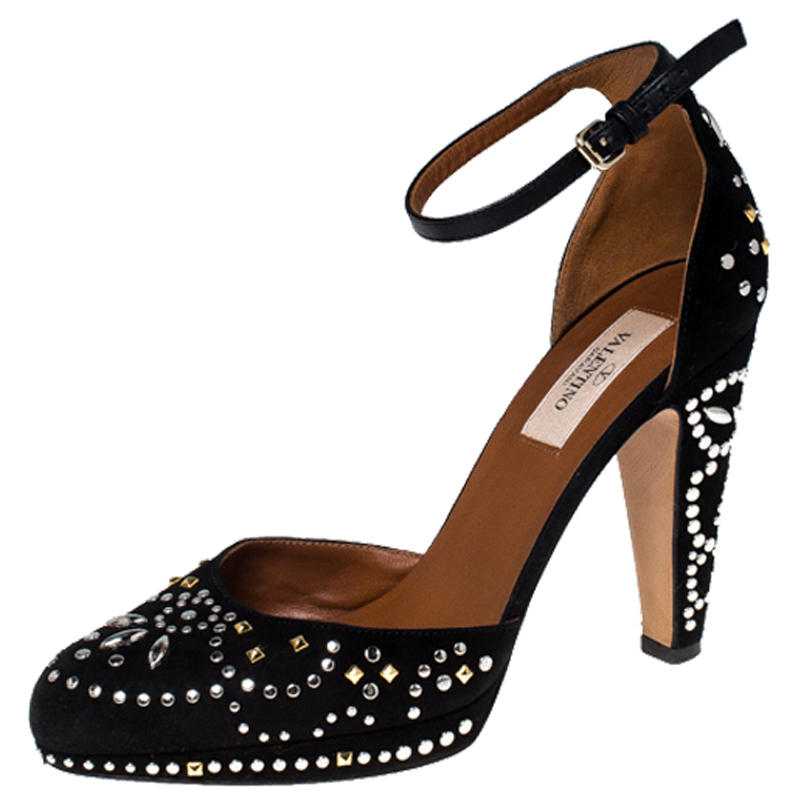 Pre Owned Valentino Black Suede Leather And Embellished Teodora Ankle Strap Platform Sandals Size 37