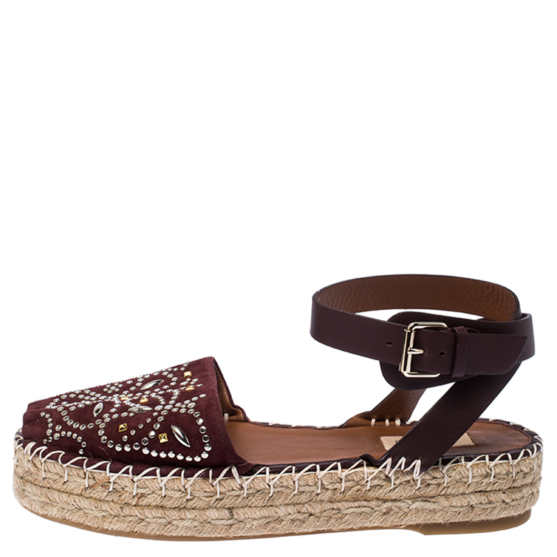 

Valentino Burgundy Embellished Suede and Leather Ankle Strap Espadrilles Size