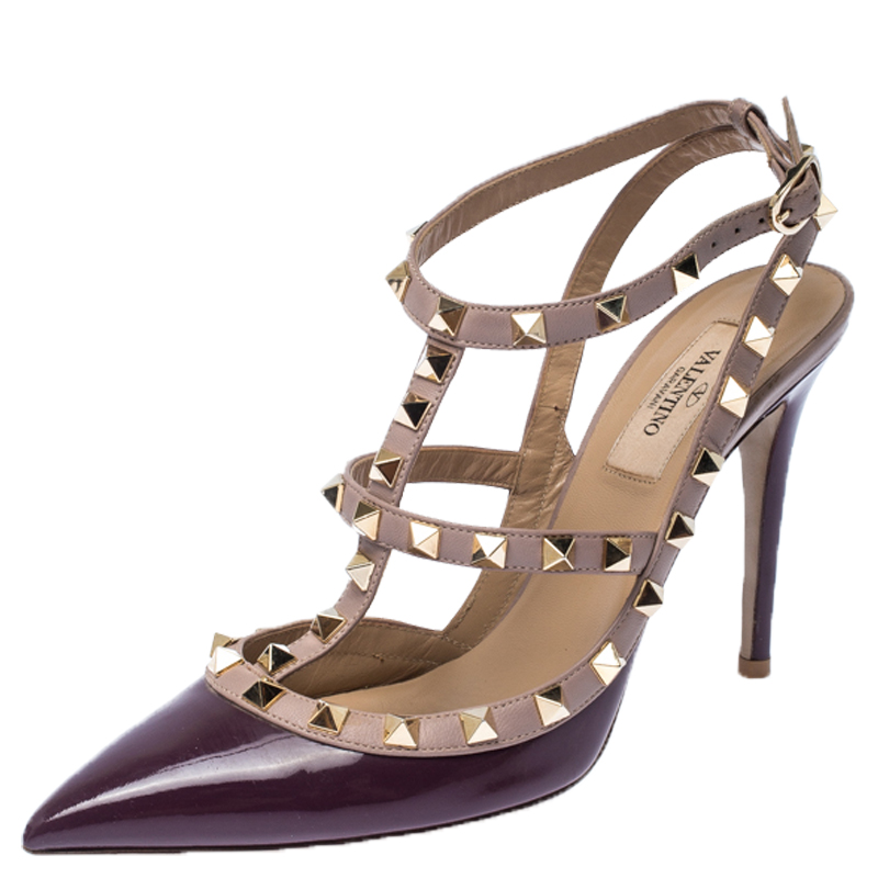 Pre Owned Valentino Purple Patent Leather Rockstud Ankle Strap Sandals Size 38.5