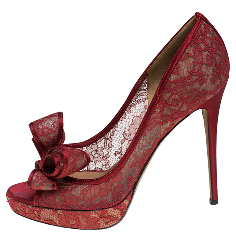 

Valentino Red Lace Bow Peep Toe Platform Pumps Size