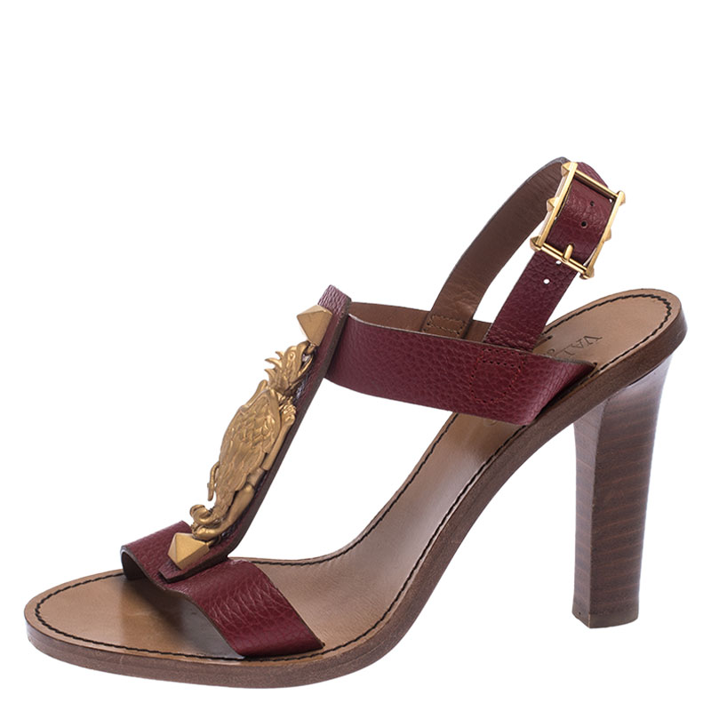 

Valentino Burgundy Leather Scarab T-Strap Sandals Size