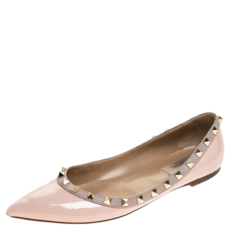 Pre Owned Valentino Beige Patent Leather Pointed Toe Ballet Flats Size 38.5