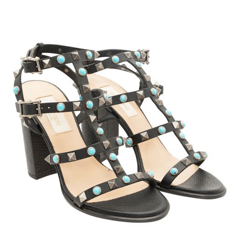 

Valentino Black Leather Rockstud Ankle Strap Block Heel Sandals Size