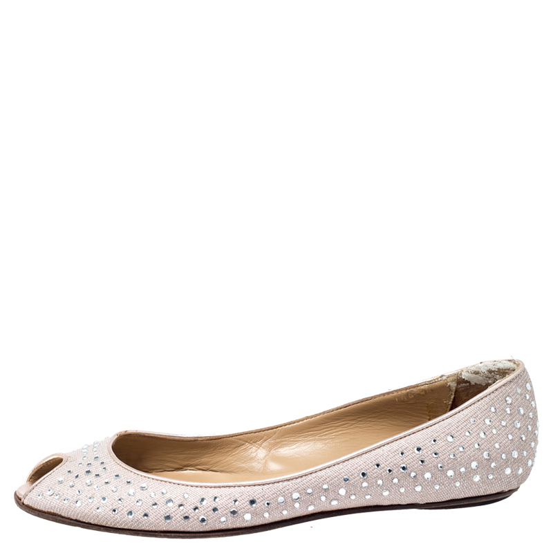 

Valentino Beige Embellished Glitter Fabric Peep Toe Ballet Flats Size, Pink