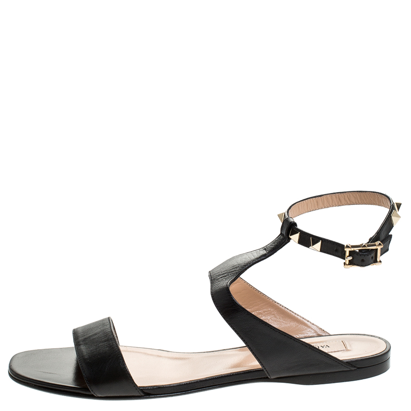 

Valentino Black Leather Rockstud Ankle Strap Flat Sandals Size