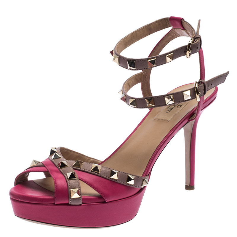 Pre Owned Valentino Pink Leather Rockstud Platform Ankle Strap Sandals Size 41