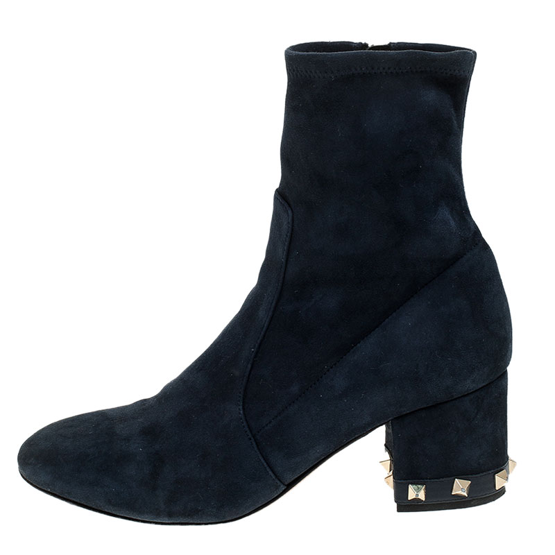 

Valentino Blue Suede Rockstud Trim Block Heel Ankle Boots Size