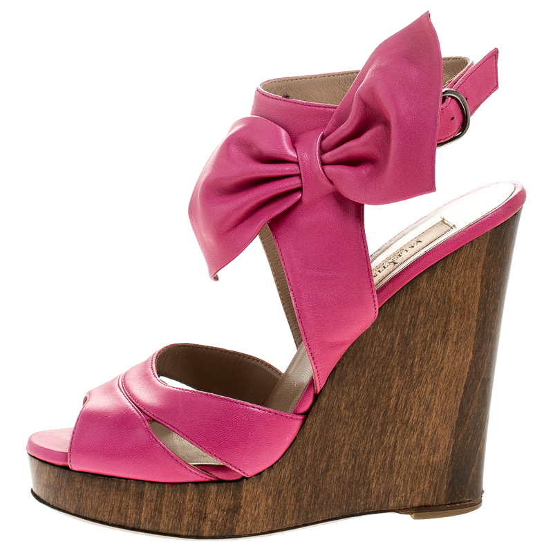 

Valentino Pink Leather Bow Detail Ankle Strap Wedge Platform Sandals Size