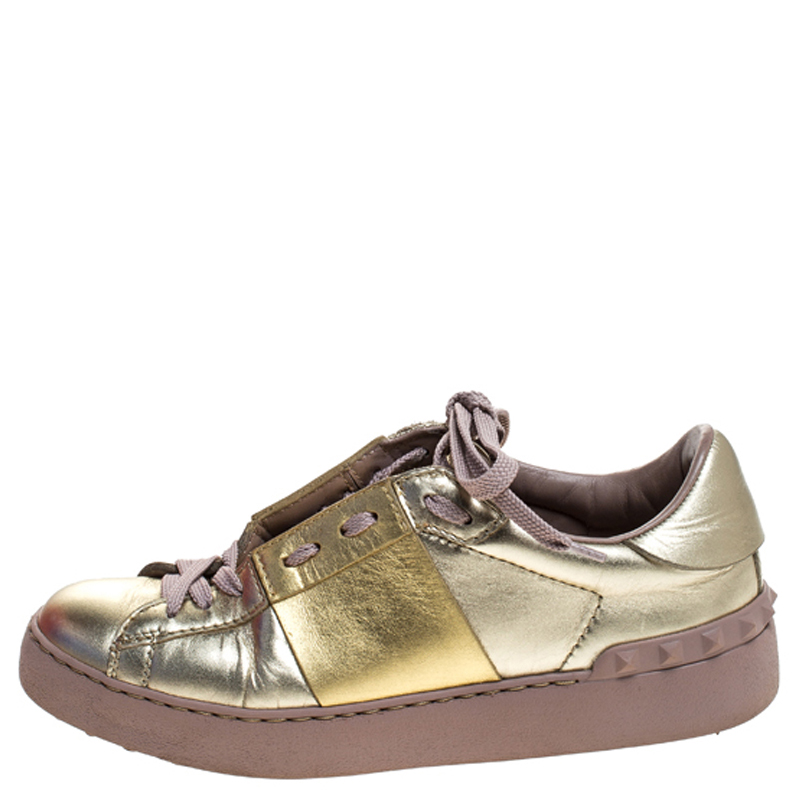 

Valentino Metallic Gold Band Leather Open Low Top Sneakers Size