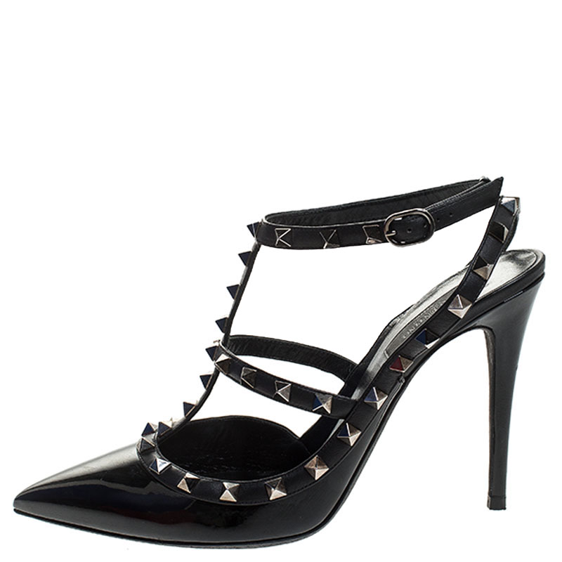 

Valentino Black Patent Leather Rockstud Pointed Toe Ankle Strap Sandals Size