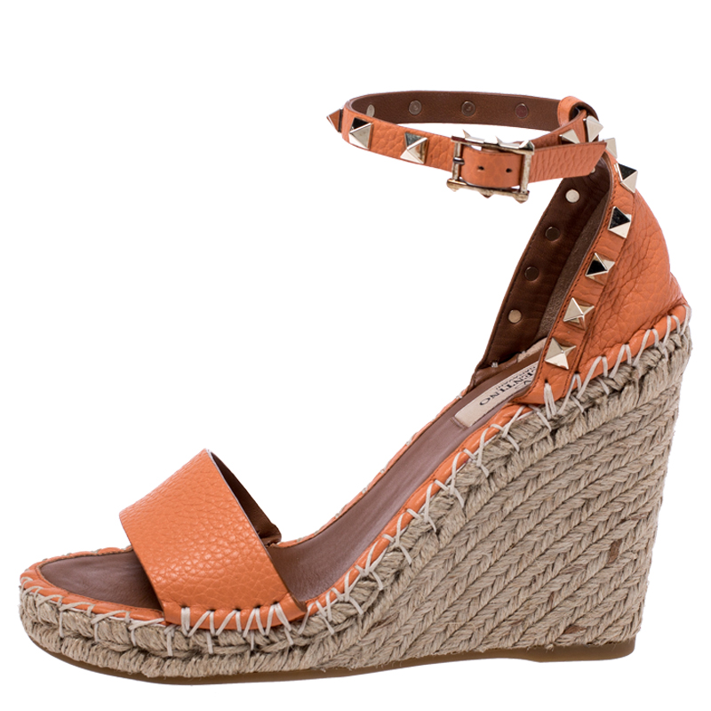 

Valentino Orange Leather Rockstud Espadrille Wedge Sandals Size