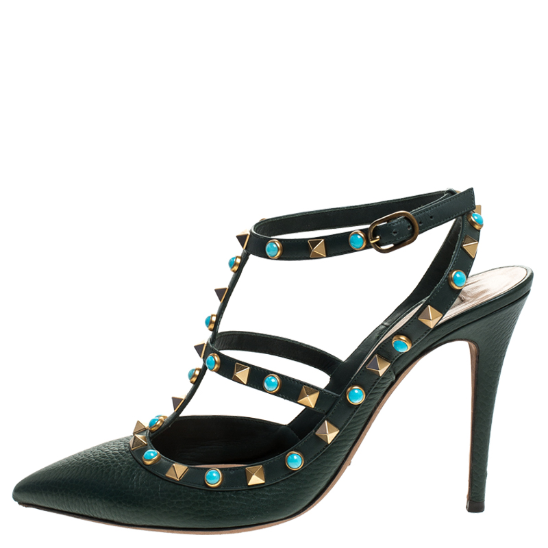 

Valentino Green Leather Rockstud Strappy Pointed Toe Sandals Size