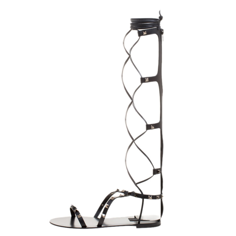 

Valentino Black Leather Knee High Rockstud Gladiator Flat Sandals Size