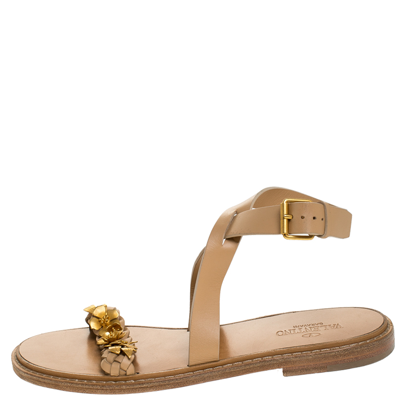 

Valentino Beige Leather Floral Embellished Testa Di Moro Ankle Strap Flat Sandals Size