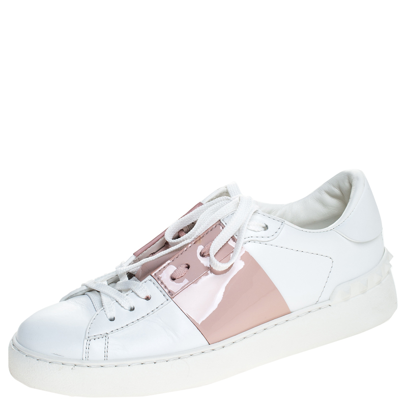 Valentino White/Pink Leather Rockstud Lace Up Sneakers Size 37.5