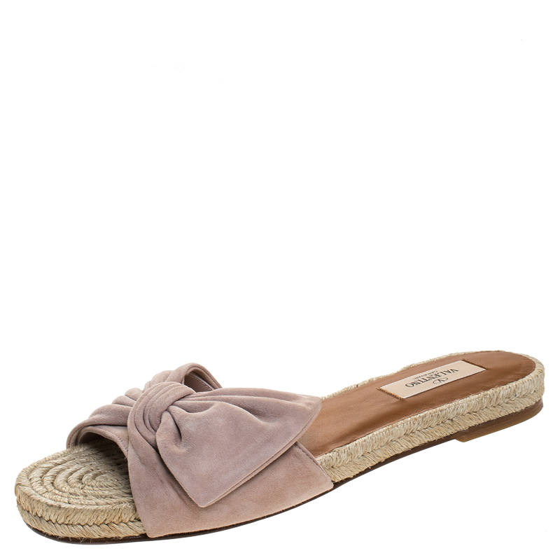 Pre Owned Valentino Beige Suede Bow Slip On Slides Size 38