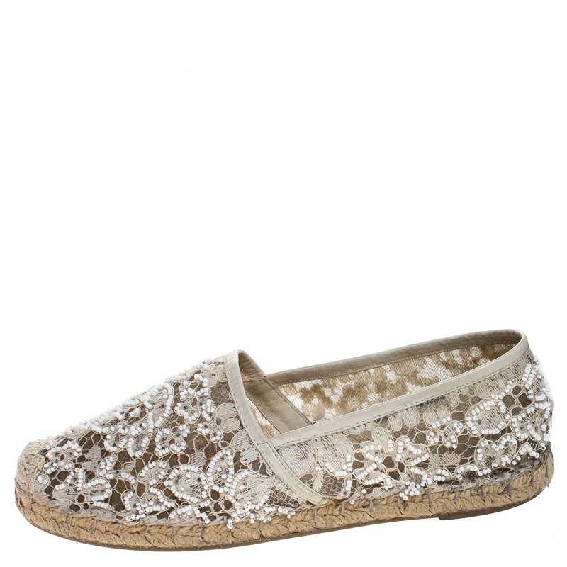 

Valentino White Lace Embellished Espadrilles Slip On Loafers Size