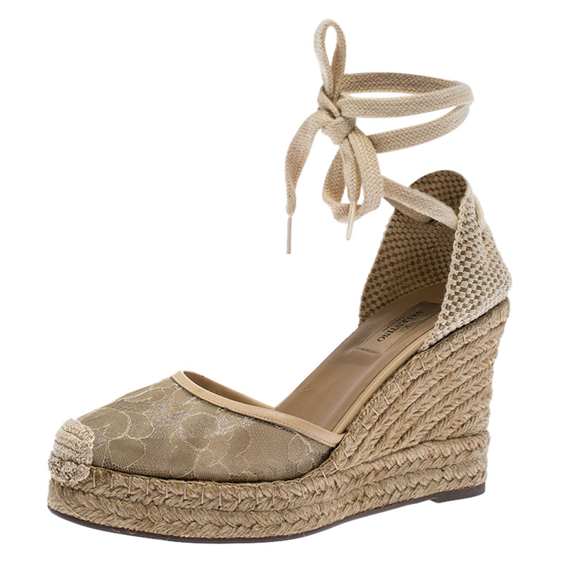 Pre Owned Valentino Beige Lace And Canvas Espadrille Wedges Sandals Size 38