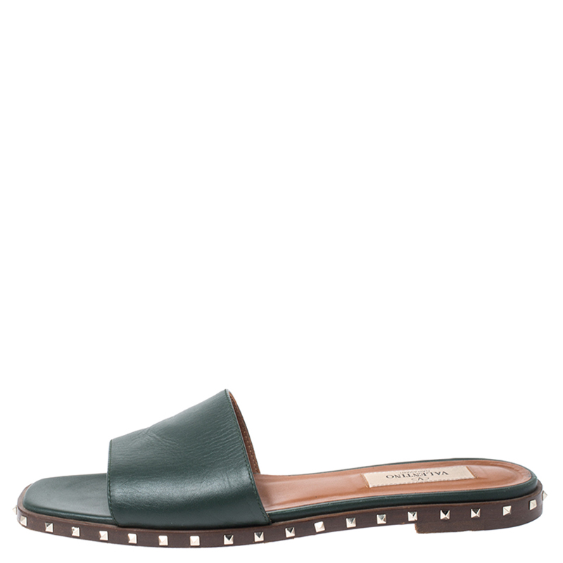 

Valentino Green Leather Rockstud Slide Flats Size