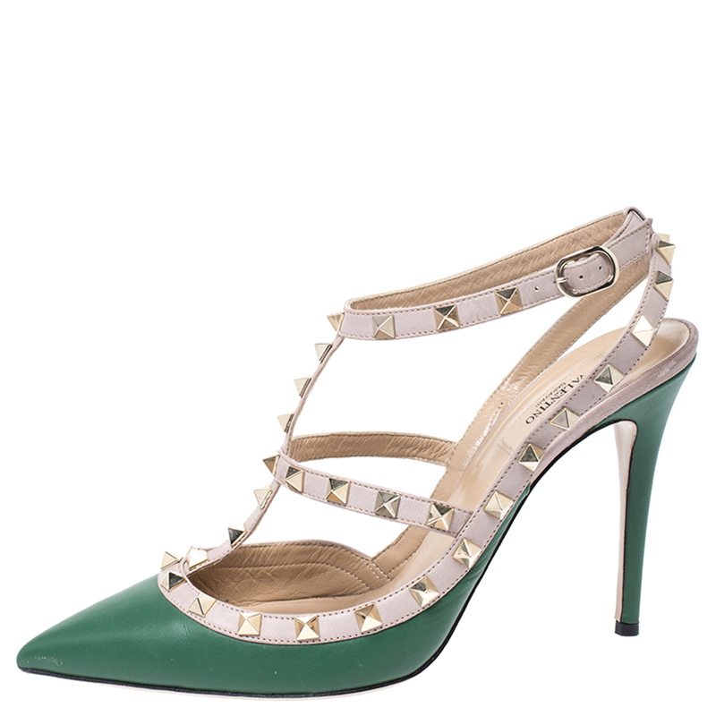 

Valentino Green/Beige Leather Rockstud Ankle Strap Cage Sandals Size