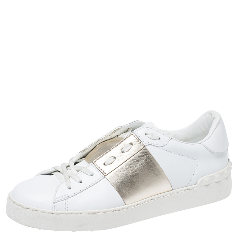 Pre Owned Valentino White/Gold Leather Flycrew Lace Up Sneakers Size 38