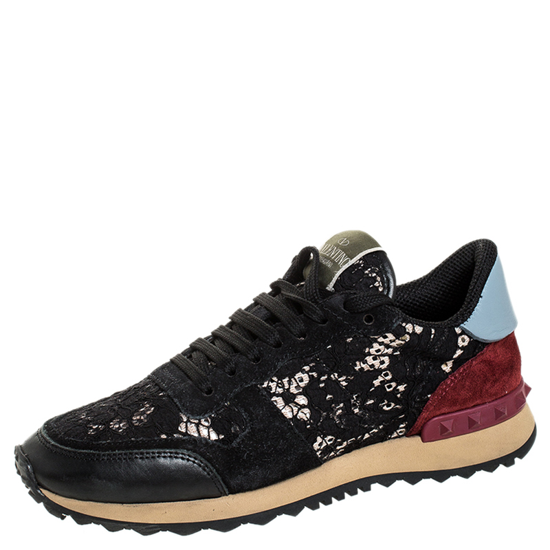Valentino Multicolor Lace And Suede Leather Low Top Sneakers Size 37.5