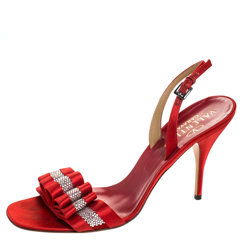 

Valentino Red Satin Crystal Embellished Sling Back Open Toe Sandals Size